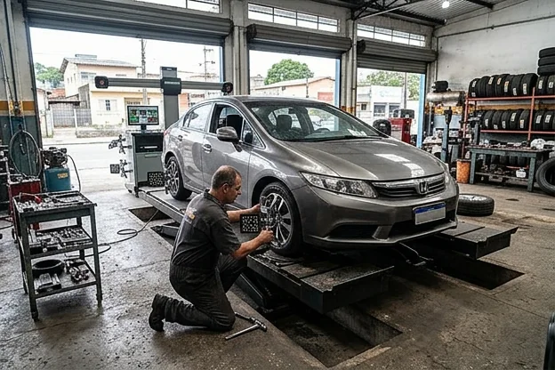 Carro em processo de alinhamento em uma borracharia.