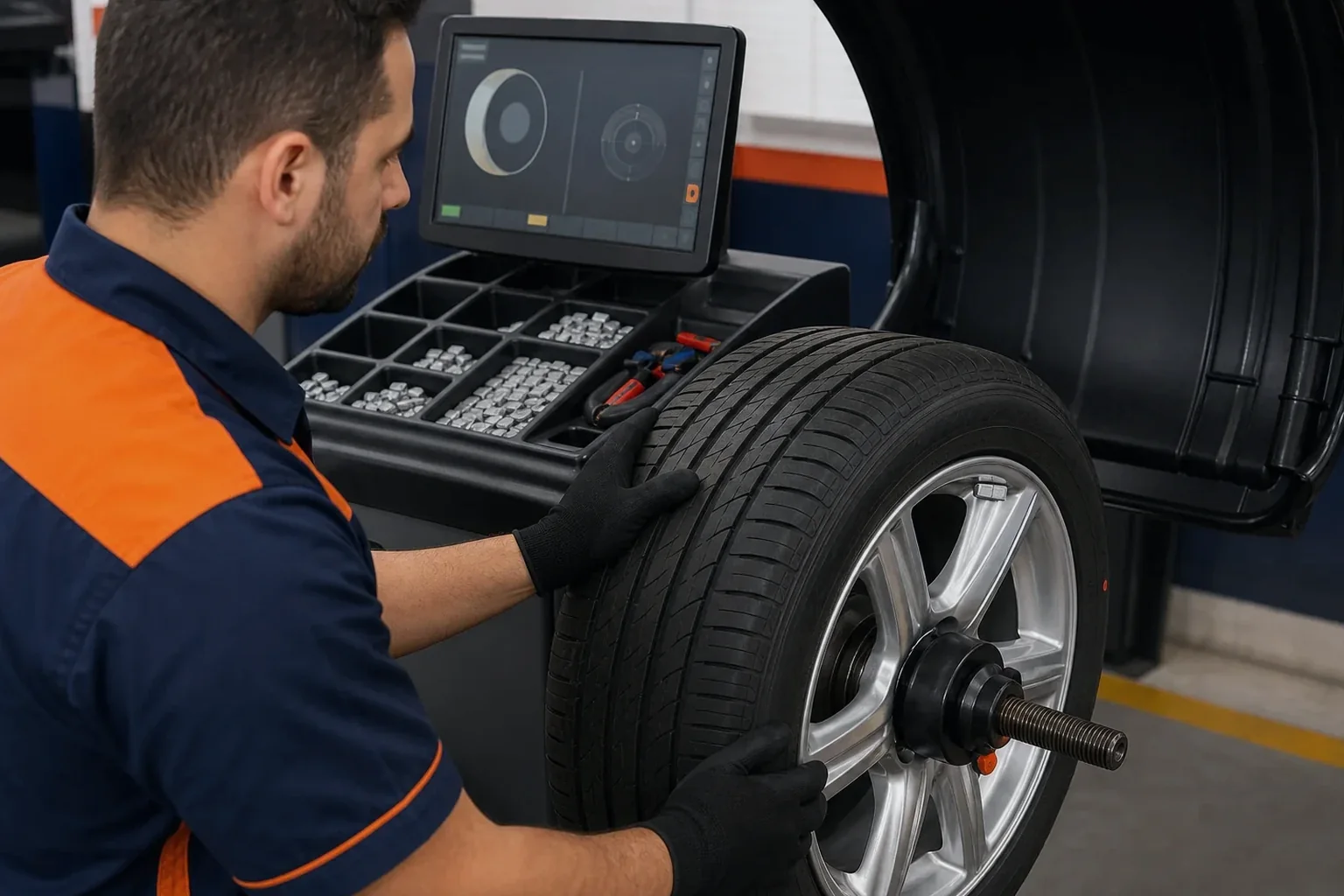 Equipamento de balanceamento de rodas em uma borracharia.
