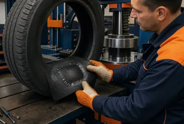 Profissional realizando vulcanização de pneus em uma borracharia.